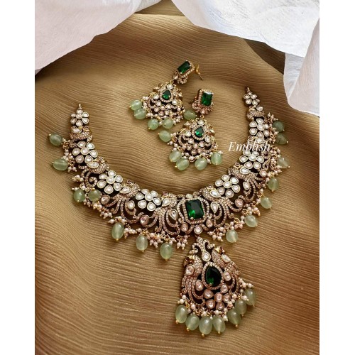 Victorian Peacock Intricate Flower Pastel Bead Neckpiece - Green