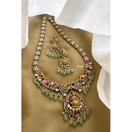 Victorian Kundan Jadau Lakshmi with peacock intricate Long Neckpiece - Pastel Beads