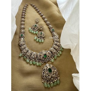 Grand Victorian Peacock Intricate Pendant Pastel Bead Long Neckpiece - Green