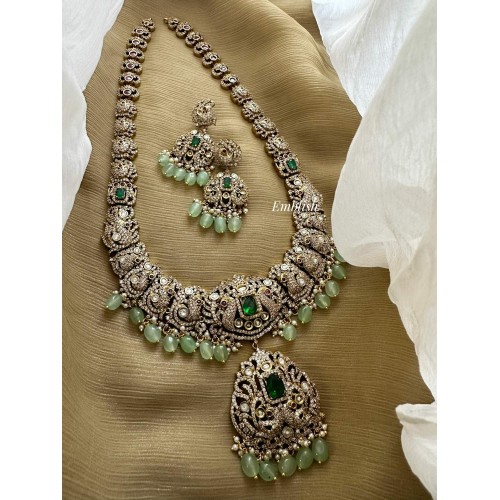 Grand Victorian Peacock Intricate Pendant Pastel Bead Long Neckpiece - Green