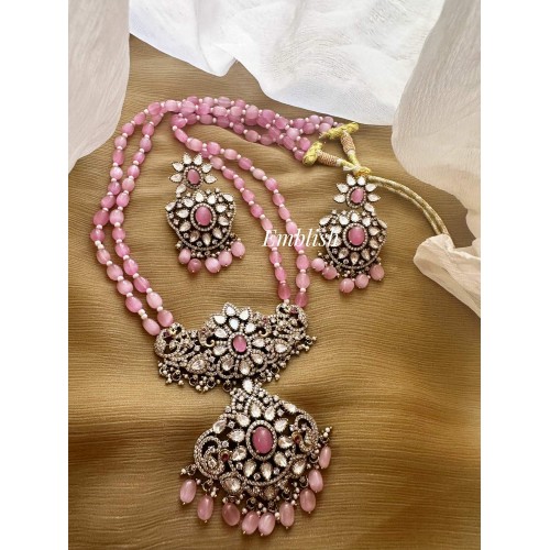 Royal Victorian Flower Intricate with Double Peacock Pendant Pearl Mala Neckpiece - Pastel Pink