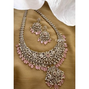 Royal Victorian Flower with Dancing Peacock Long Neckpiece - Pastel Pink