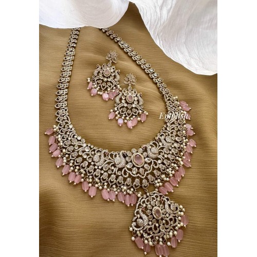 Royal Victorian Flower with Dancing Peacock Long Neckpiece - Pastel Pink