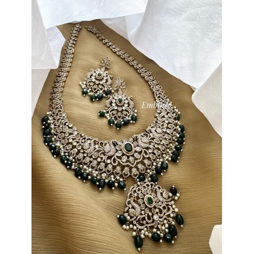 Royal Victorian Flower with Dancing Peacock Long Neckpiece - Green