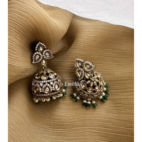 Victorian Flower Jhumkha - Green Beads