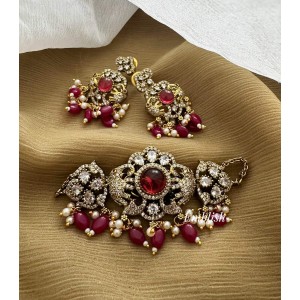 Victorian Flower with Double Haathi High Neck Choker  - Red