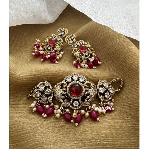 Victorian Flower with Double Haathi High Neck Choker  - Red