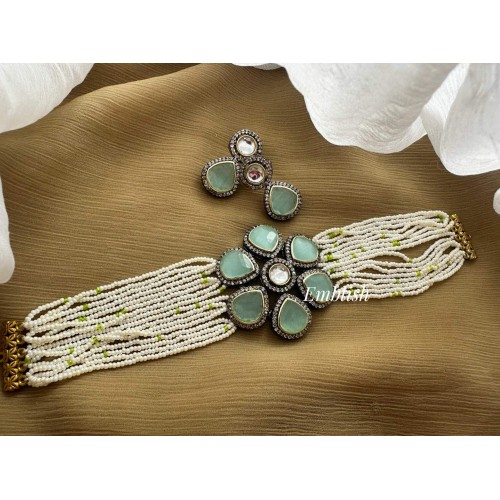 Victorian Bold Flower Pearl High Neck Choker - Pastel Blue