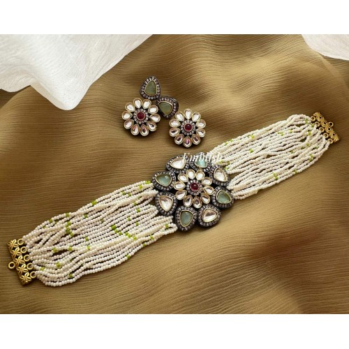 Victorian Flower Intricate Pearl High Neck Choker 