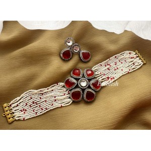 Victorian Bold Flower Pearl High Neck Choker - Red