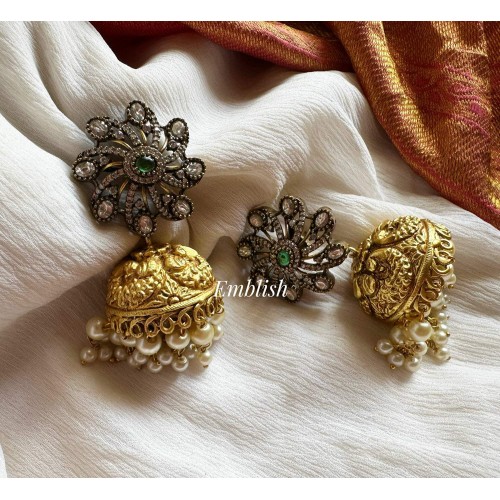 Victorian Flower Intricate Antique Jhumka - Green