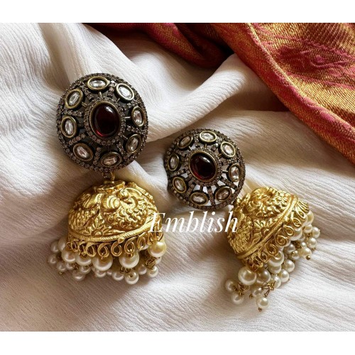 Victorian Flower Antique Jhumka - Red