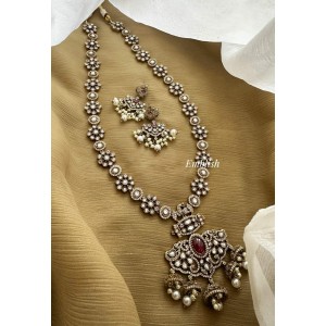 Royal Victorian Flower Peacock Pendant Long Neckpiece - Pearl Drops