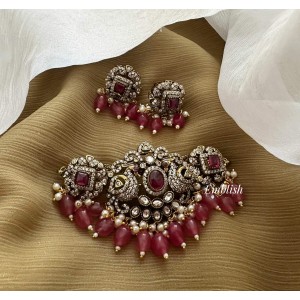 Victorian Flower with Double Peacock Choker - Red