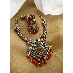 Victorian Antique Lakshmi Pendant Coral Hasli Neckpiece Set