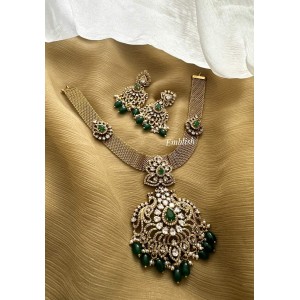 Victorian Flower Peacock Pendant Hasli Neckpiece - Green