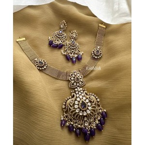 Victorian Flower Peacock Pendant Hasli Neckpiece - Purple