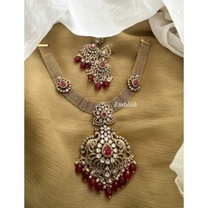 Victorian Flower Peacock Pendant Hasli Neckpiece - Red