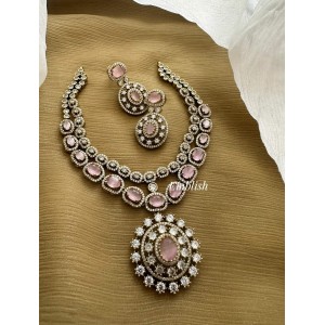 Royal Victorian Flower Pendant Double Layer Neckpiece - Pastel Pink 