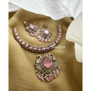 Grand Victorian Double Peacock Pendant Short Neckpiece - Pastel Pink