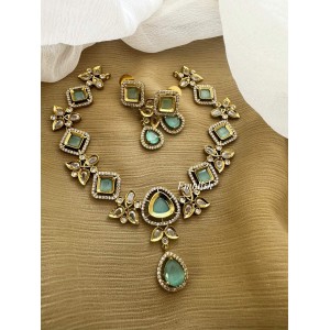 Victorian Flower Diamond Shape Tear Drop Neckpiece - Pastel Blue