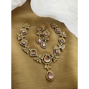 Victorian Flower Diamond Shape Tear Drop Neckpiece - Pastel Pink