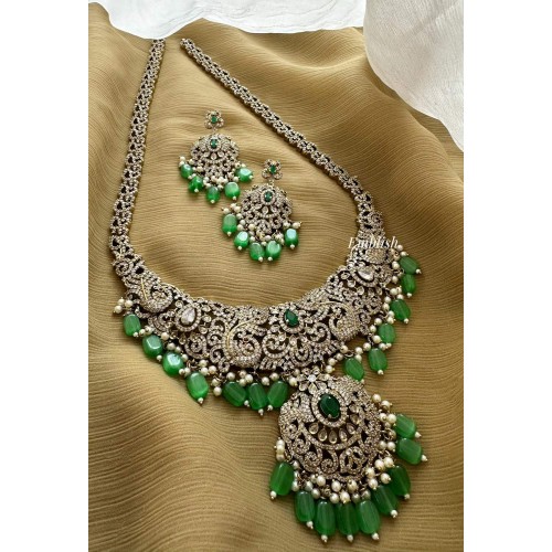 Victorian Flower Double Peacock Intricate Long Neckpiece - Green