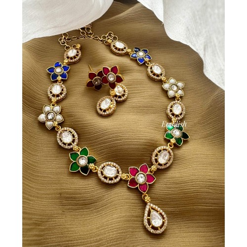 Victorian Kundan Jadau  Mossanite Flower Multicolour Neckpiece