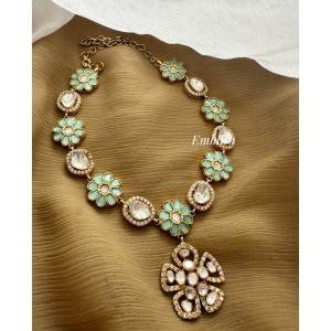 Royal Victorian Mossanite Kundan Jadau Flower Pendant Neckpiece - Pastel Blue