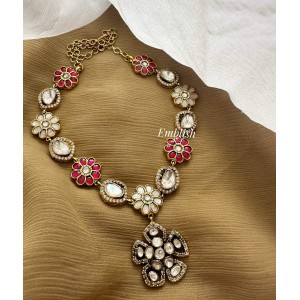 Royal Victorian Mossanite Kundan Jadau Flower Pendant Neckpiece