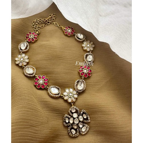 Royal Victorian Mossanite Kundan Jadau Flower Pendant Neckpiece