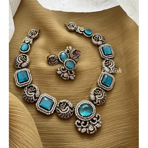 Miniature Royal Victorian Flower Peacock Neckpiece - Sky Blue