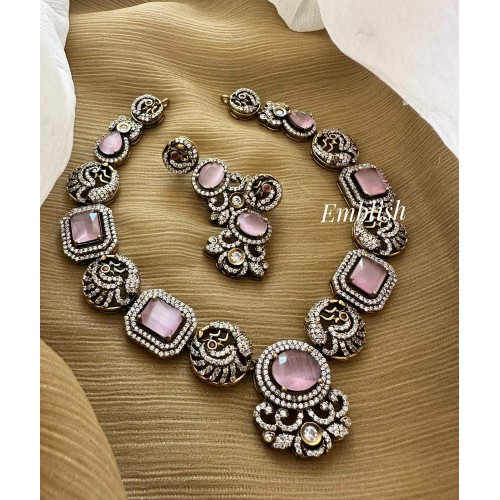 Miniature Royal Victorian Flower Peacock Neckpiece - Pastel Pink