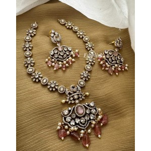 Victorian Peacock with Flower Pendant Neckpiece - Pastel Pink