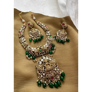 Victorian Gold alike Lakshmi Haathi Neckpiece - Green Beads