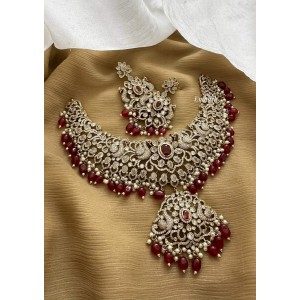 Royal Victorian Flower with Dancing Peacock Neckpiece - Red