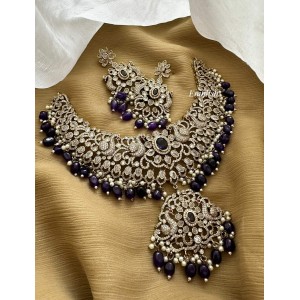 Royal Victorian Flower with Dancing Peacock Neckpiece - Purple