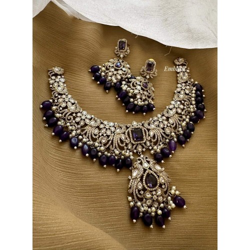 Victorian Double Peacock Intricate Flower Neckpiece - Purple