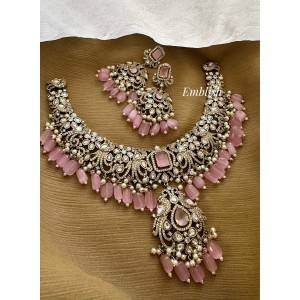 Victorian Double Peacock Intricate Flower Neckpiece - Pastel Pink