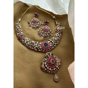 Royal Elegant Victorian Kundan Jadau Flower Peacock Neckpiece - Purple