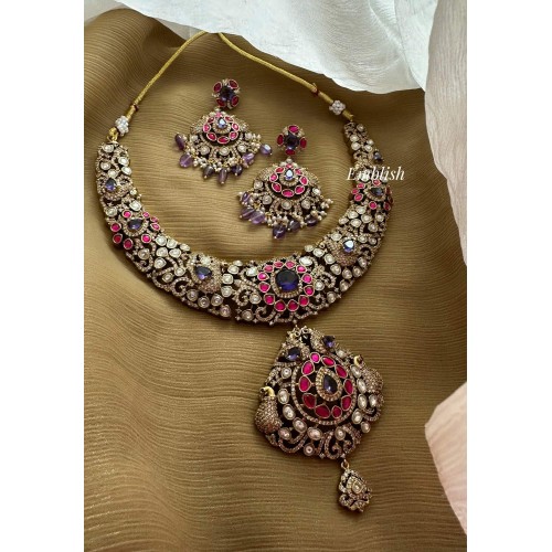 Royal Elegant Victorian Kundan Jadau Flower Peacock Neckpiece - Purple