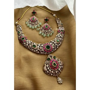 Royal Elegant Victorian Kundan Jadau Flower Peacock Neckpiece - Green