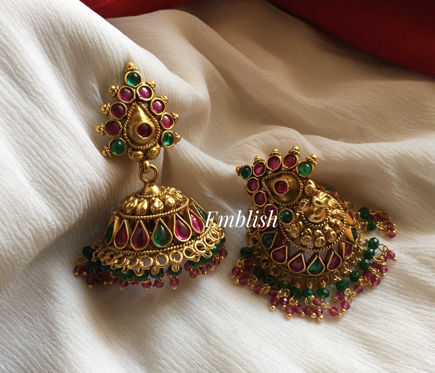 22K Gold Jhumkas (Buttalu) - Gold Dangle Earrings With Ruby - 235-GJH2449  in 19.000 Grams